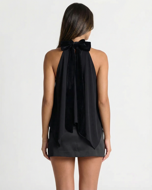 Romy | Elegant Halter Neck Top Black Satin Asymmetric Sleeveless