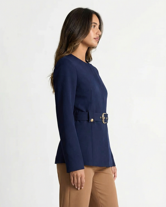 Aria | Smart Casual Blazer Navy Long Sleeve Belted Collarless Tailored