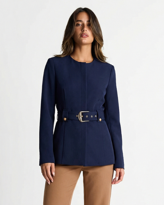 Aria | Smart Casual Blazer Navy Long Sleeve Belted Collarless Tailored