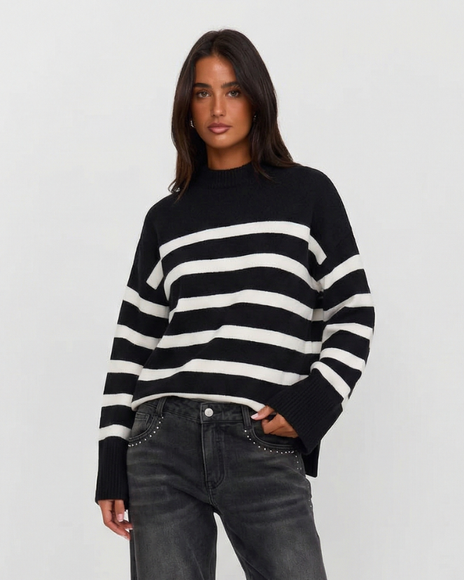 Stella | Striped Knitted Top Black White Long Sleeve