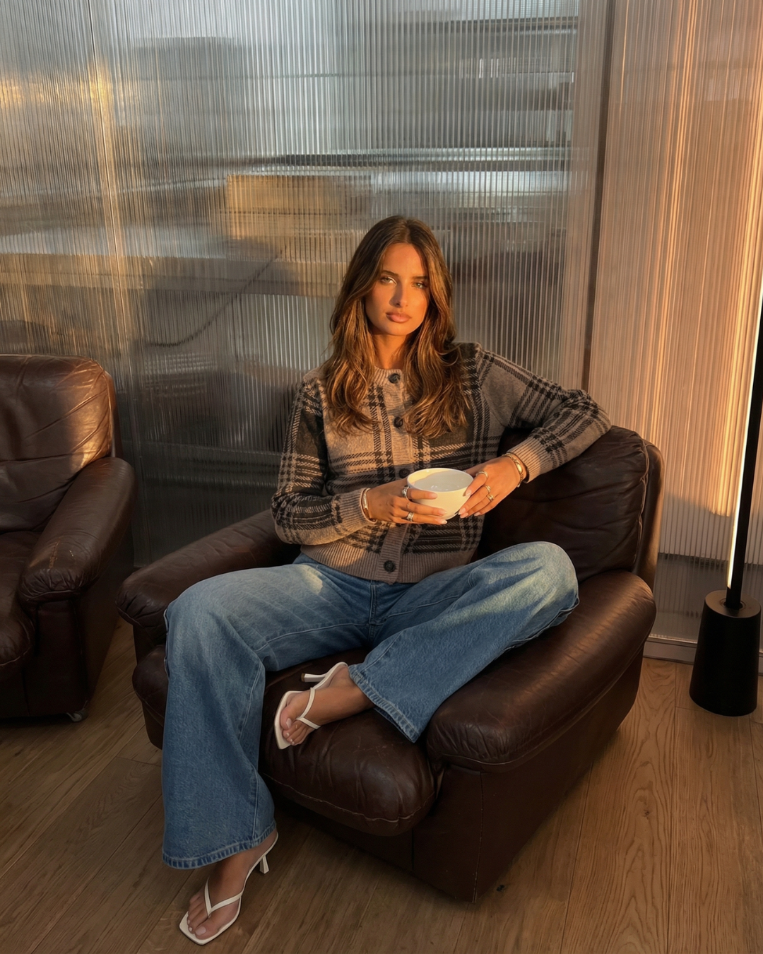 Remi | Check Cardigan Beige Grey Long Sleeve Button Front Knitted