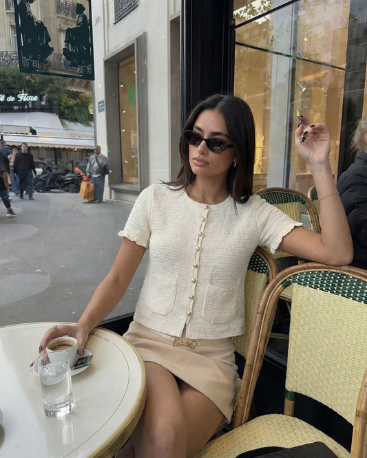 Thea | Textured Short Sleeve Button Front Top Cream Cropped