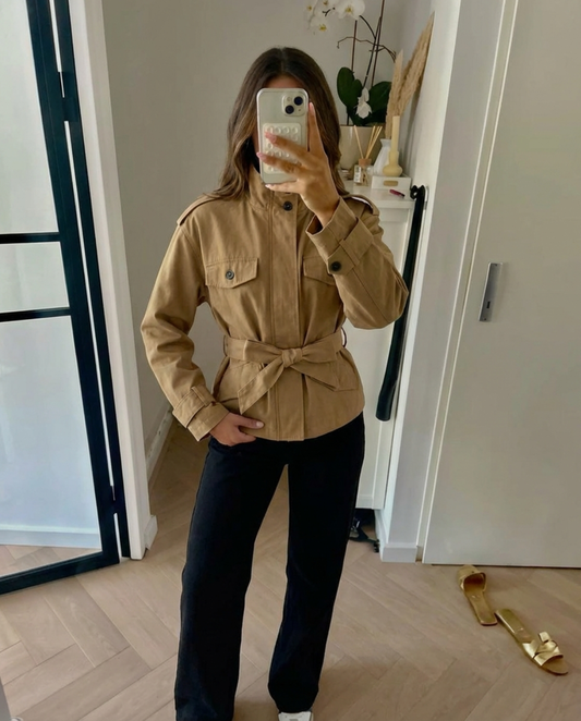 Margot | Belted Cropped Utility Jacket Camel High Neck
