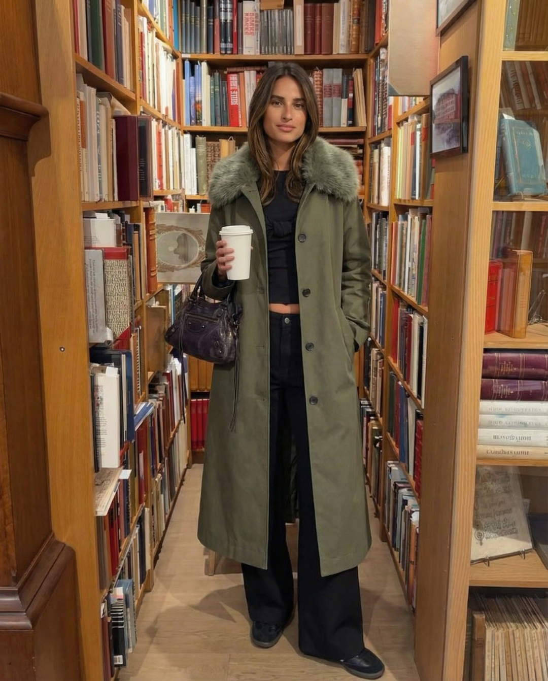 Cora | Faux Fur Collar Longline Coat Khaki Long