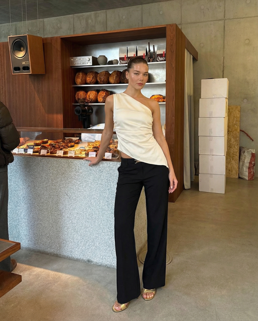 Suki | Elegant One Shoulder Top Cream Satin Asymmetric Draped