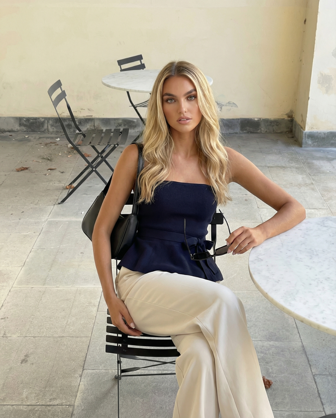 Viola | Elegant Peplum Top Navy Strapless Belted Fitted