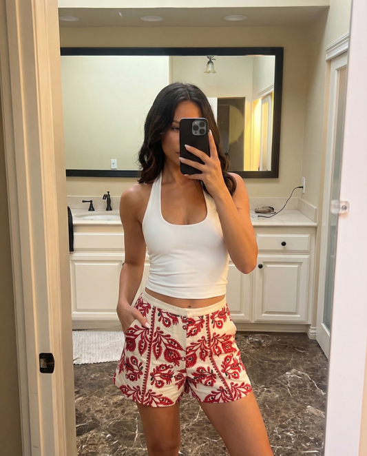 Lena | Printed High Waisted Shorts Red Cream Floral