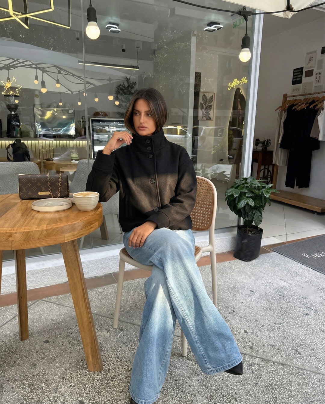 Rue | Winter Cropped Jacket Black High Neck Button Front