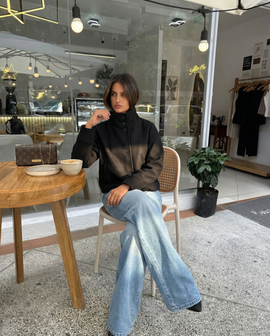 Rue | Winter Cropped Jacket Black High Neck Button Front