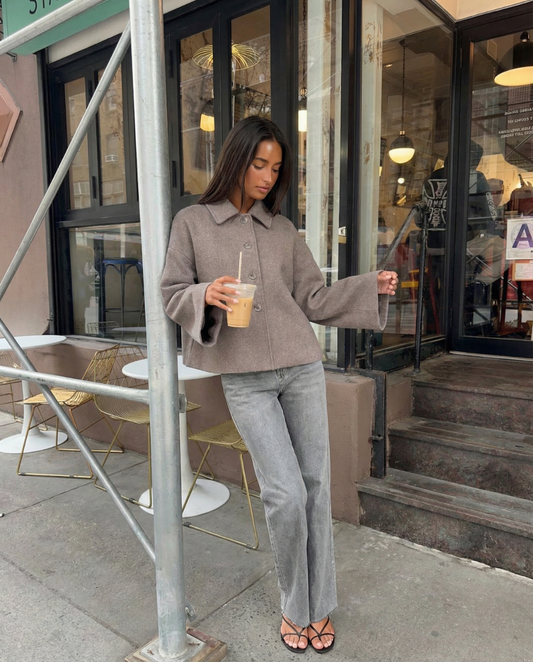 Ines | Autumn Cropped Jacket Beige Wide Sleeve Collared