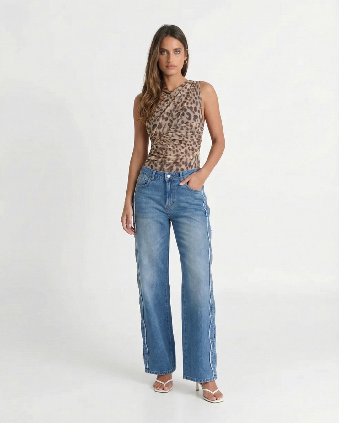 Edie | Leopard Print Bodysuit Vest Top Beige Ruched