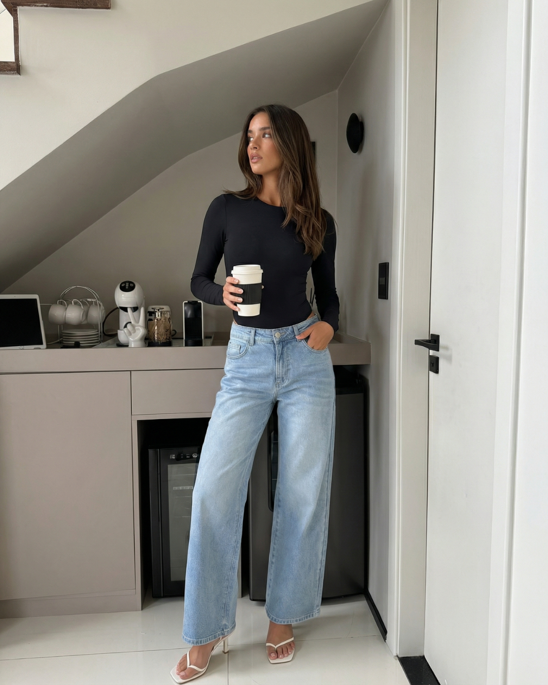 Stella | Casual Long Sleeve Bodysuit Black Crew Neck