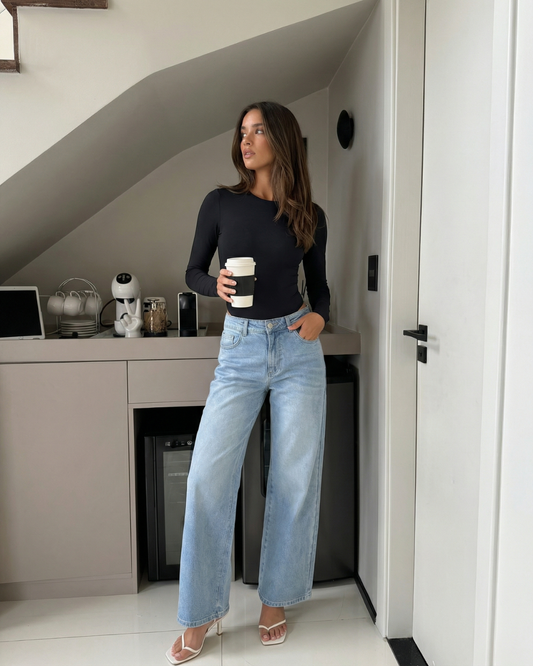 Stella | Casual Long Sleeve Bodysuit Black Crew Neck