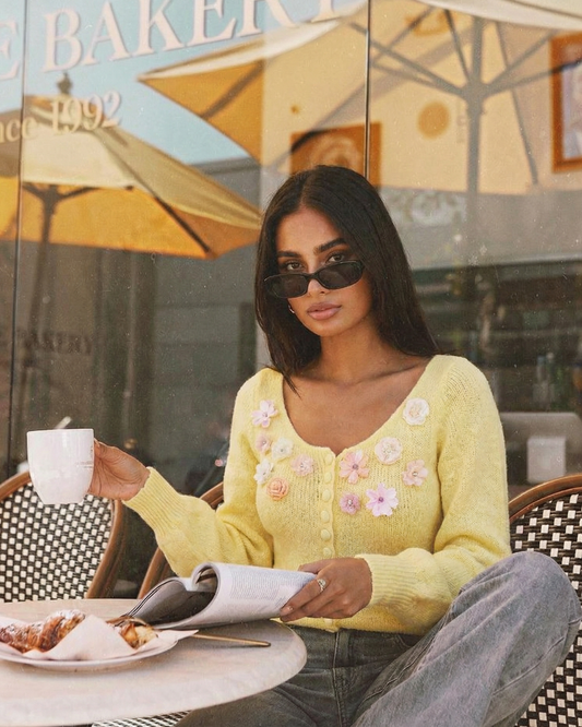 Thea | Coquette Button Front Knit Sweater Yellow Floral Applique V Neck