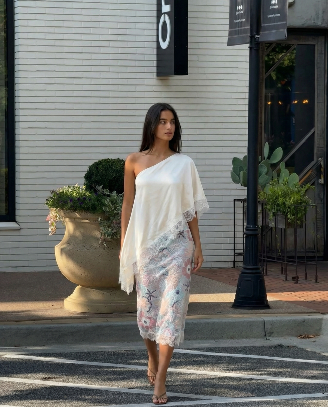 Tallulah | One Shoulder Top Cream Satin Lace Trim Asymmetric