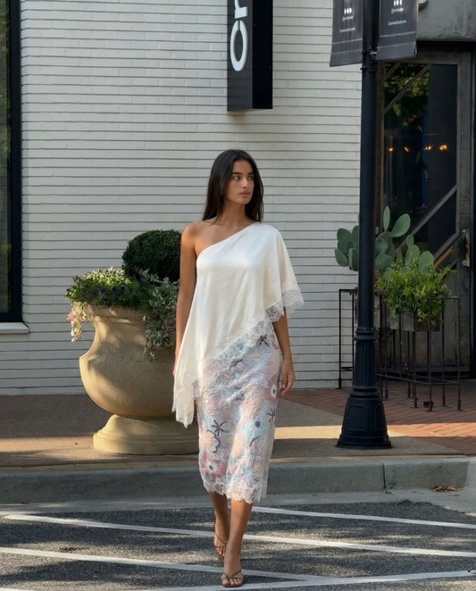 Tallulah | One Shoulder Top Cream Satin Lace Trim Asymmetric