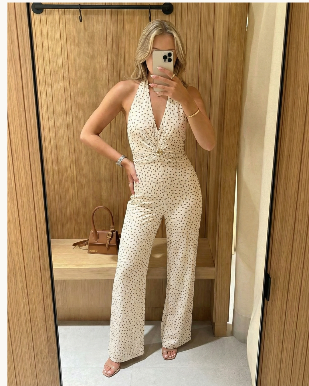 Tess | Elegant Polka Dot Halter Neck Jumpsuit Cream Wide Leg