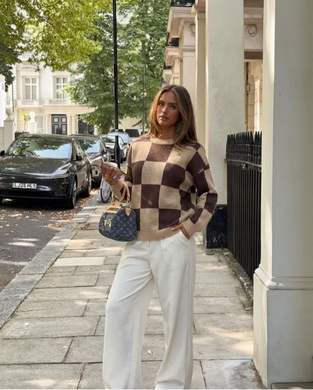 Fleur | Knitted Sweater Check Brown Cream Crew Neck