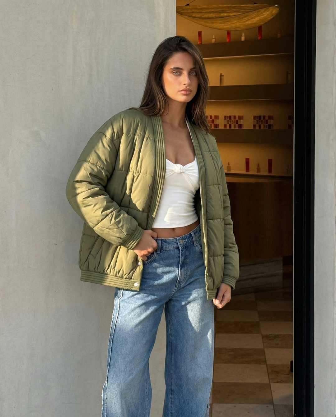 Vera | Oversized Quilted Puffer Jacket Sage Green Ribbed