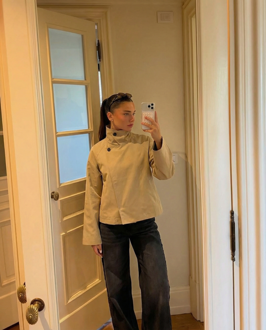 Thea | Cropped Lightweight Jacket Beige Funnel Neck Button Front