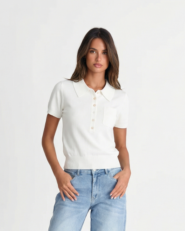 Margot | Ribbed Short Sleeve Polo Shirt White Button Up