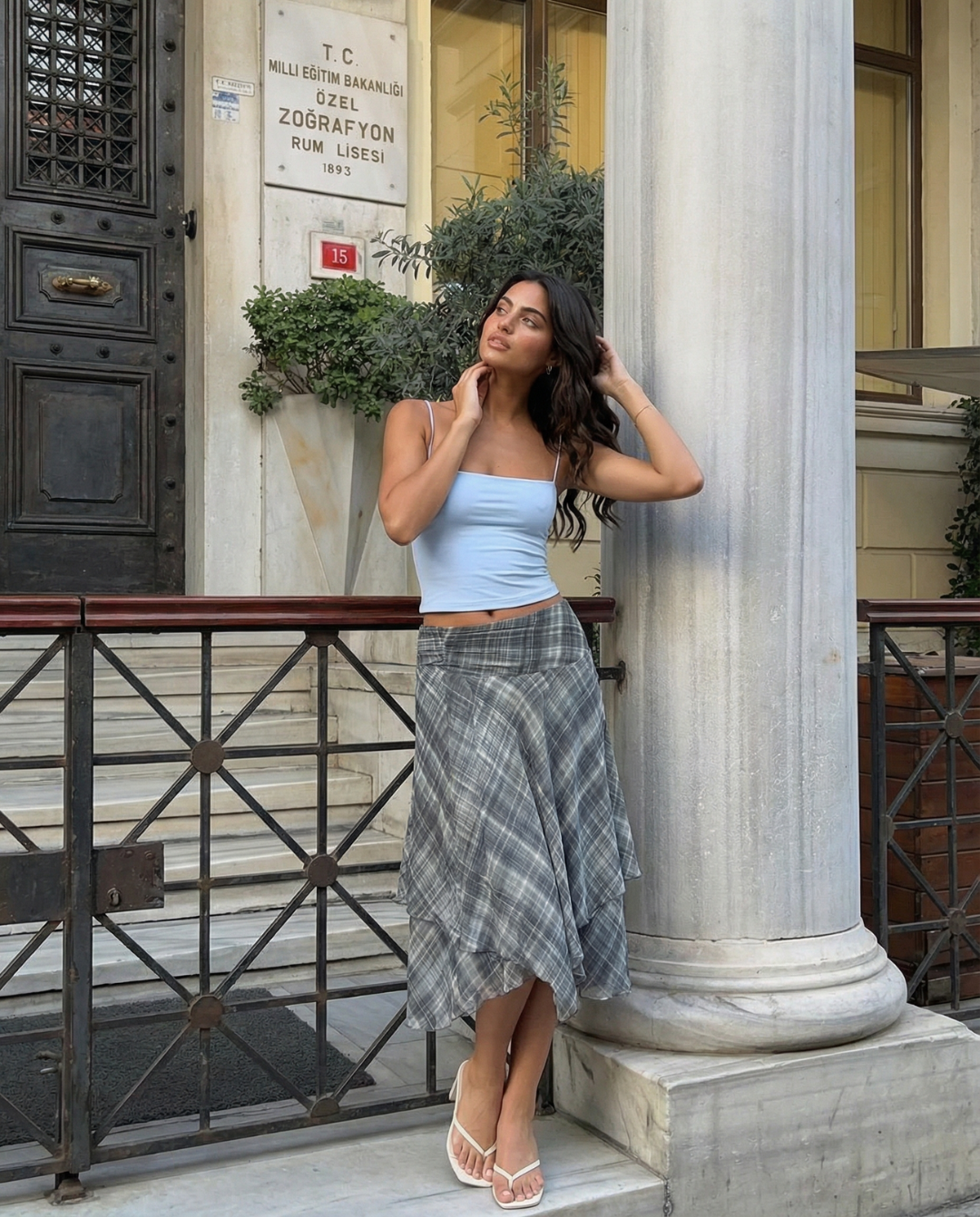 Briar | Summer Pleated Midi Skirt Light Blue Checked Tiered Asymmetric