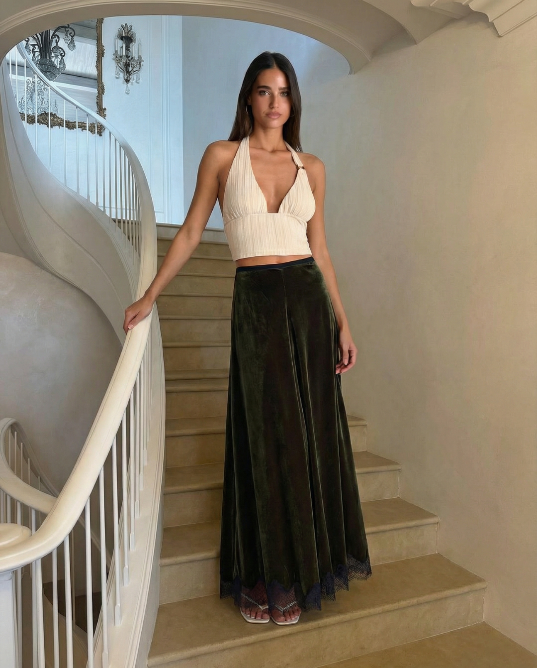Vera | Velvet Maxi Skirt Olive Green Lace Trim A Line