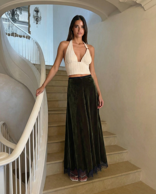 Vera | Velvet Maxi Skirt Olive Green Lace Trim A Line