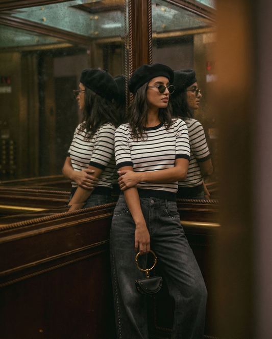 Margot | Striped Crew Neck T Shirt Cream Black Short Sleeve