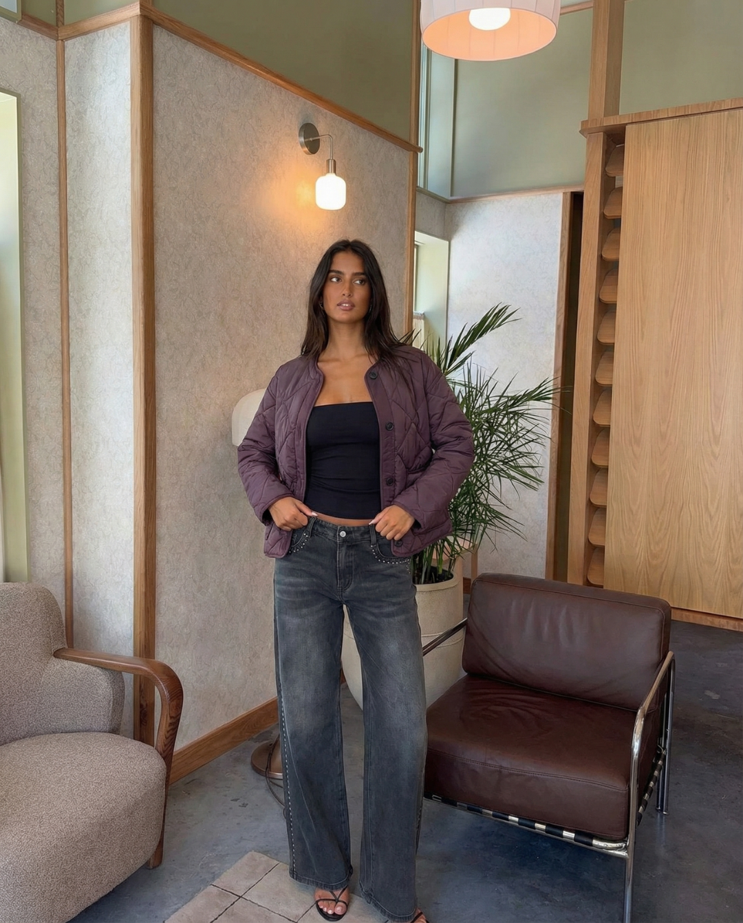 Vera | Autumn Quilted Jacket Purple Collarless Button Front