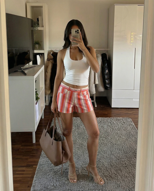 Margot | Y2K Striped Tailored Shorts Red White High Waisted