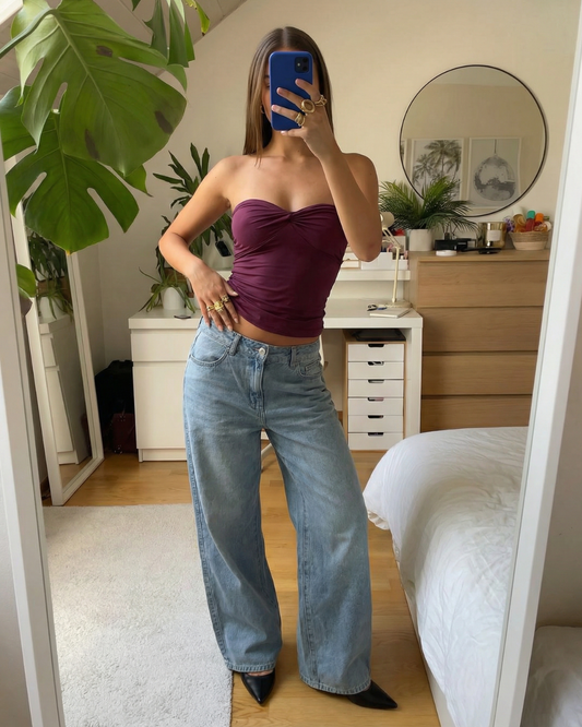 Vera | High Waisted Wide Leg Jeans Light Blue Studded