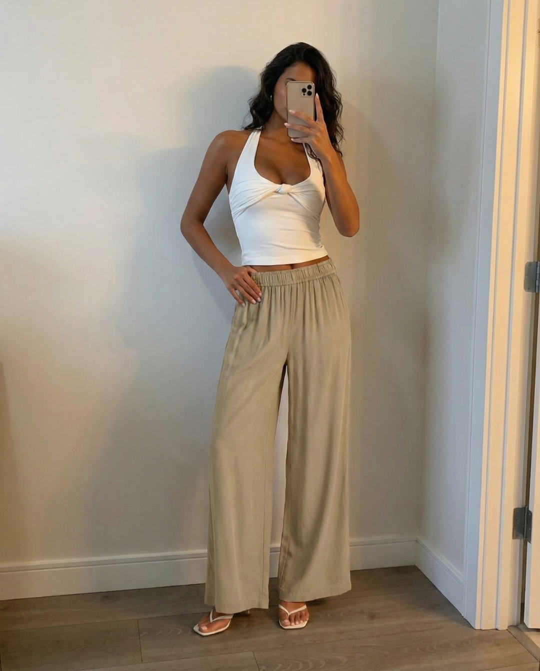 Thea | Casual Wide Leg Pants Beige Elasticated Waist