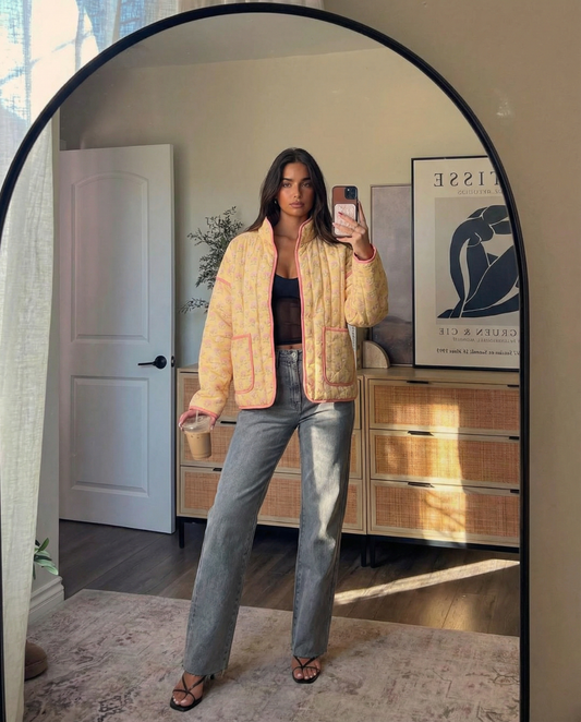 Greta | Quilted Jacket Yellow Floral Print Zip Up Lightweight