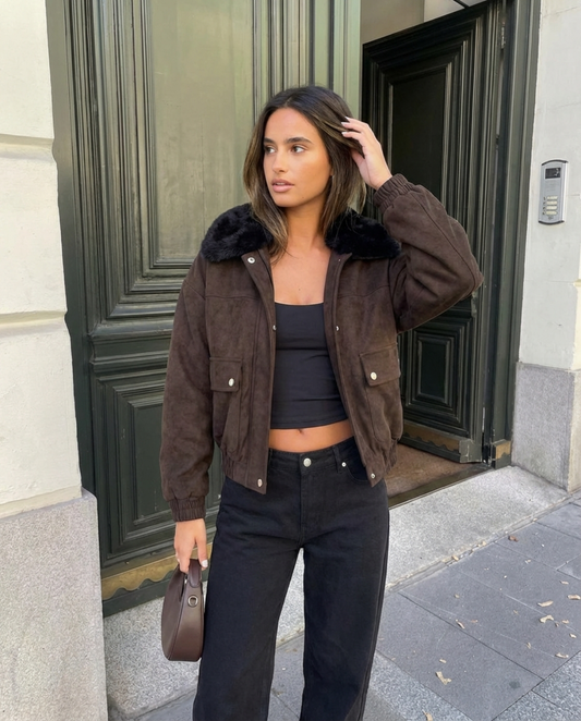Ada | Winter Aviator Jacket Brown Faux Fur Collar Suede