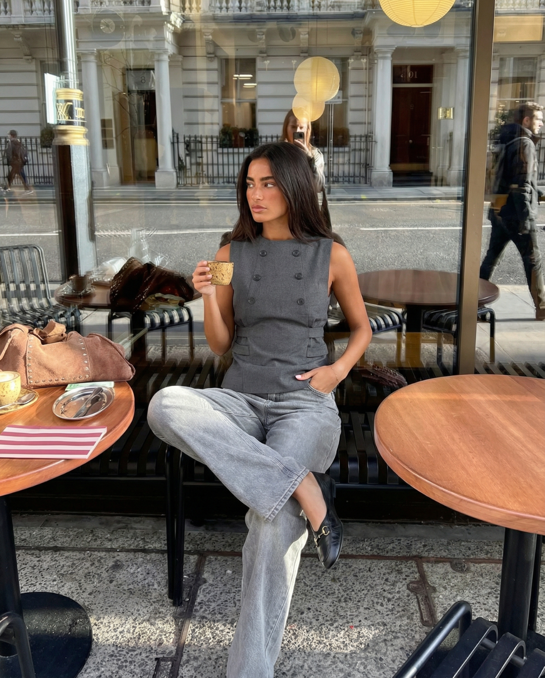 Rue | Sleeveless Blazer Grey Double Breasted Fitted Tailored