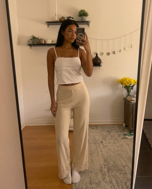 Margot | Casual Lace Hem Wide Leg Pants Cream High Waisted