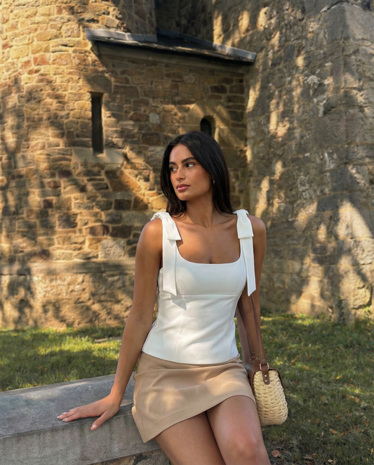 Cora | Summer Square Neck Top White Tie Strap Sleeveless