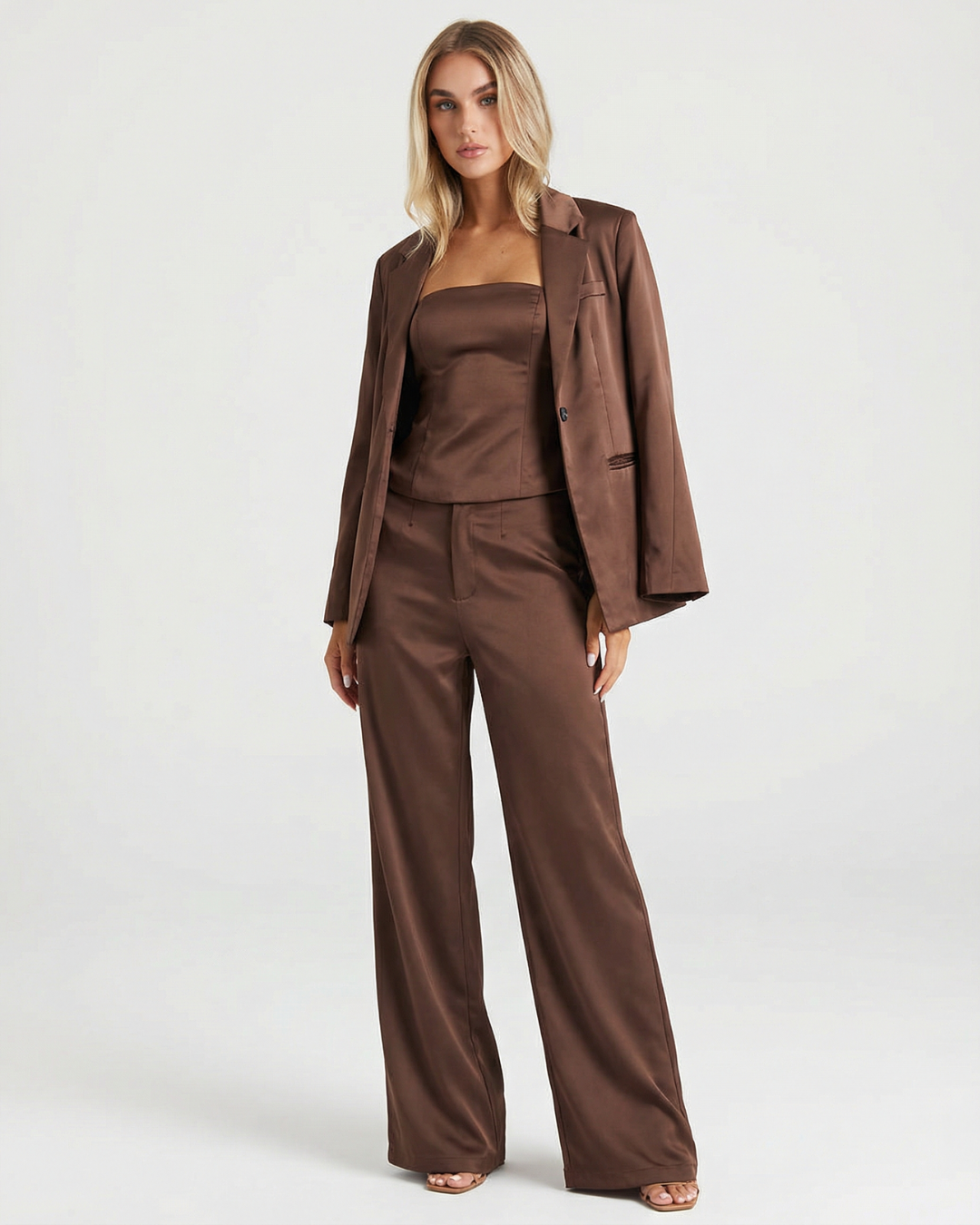 Vera | Blazer And Wide Leg Pants Set Brown Satin