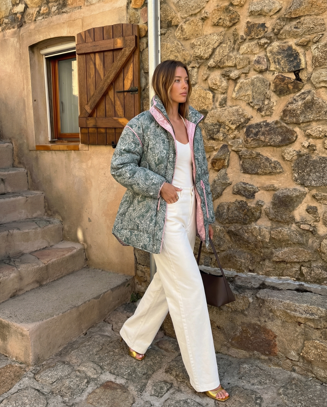 Rhea | Quilted Puffer Jacket Green Paisley Print Oversized Drawstring