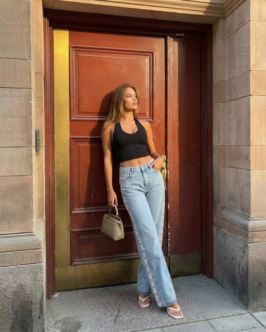 Thea | Wide Leg Jeans Light Blue High Waisted Crochet Panel