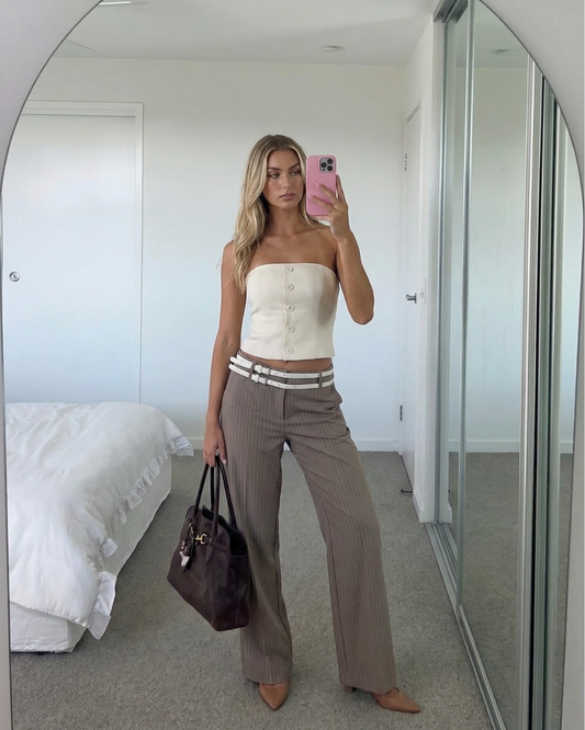 Orla | Casual Tailored Trousers Taupe Pinstripe Belted