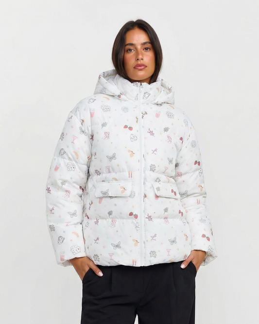 Nell | Winter Puffer Jacket White Printed Hooded Padded
