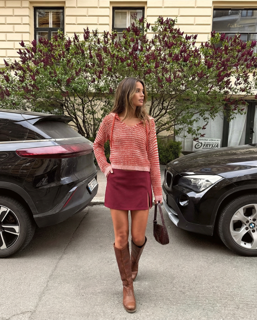 Margot | Cropped Waffle Knit Sweater Red V Neck Hooded