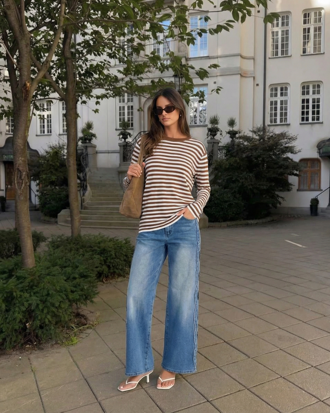 Vera | Striped Long Sleeve Top Brown White Crew Neck