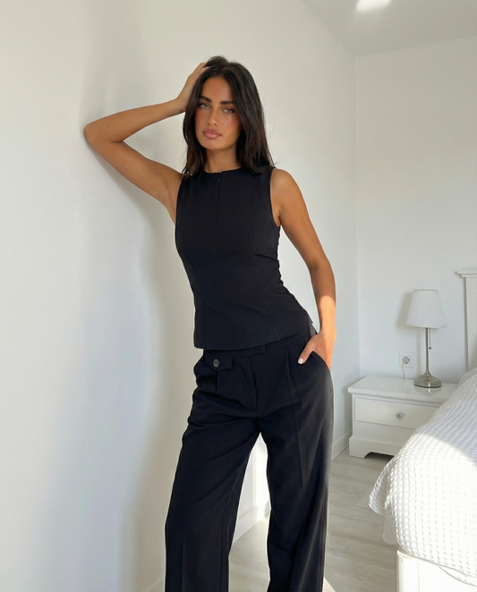 Xena | Elegant Smart Casual Peplum Top Black Sleeveless Fitted