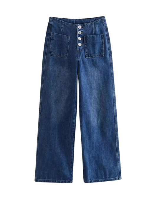 Iris | High Waisted Wide Leg Jeans Blue Button Front