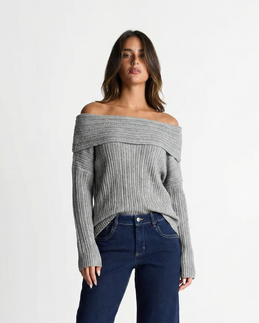 Ada | Off Shoulder Knitted Top Grey Long Sleeve Ribbed