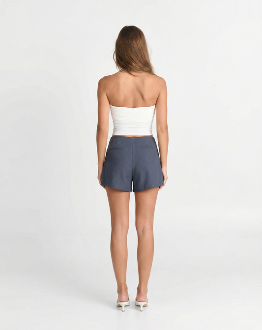 Vera | High Waisted Pleated Shorts Navy Button Detail