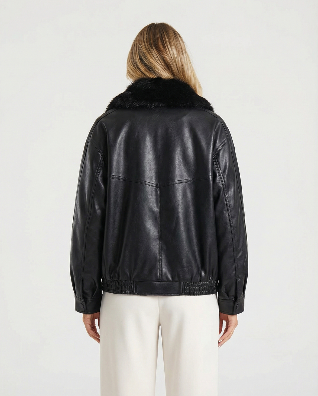 Margot | Faux Leather Bomber Jacket Black Faux Fur Collar